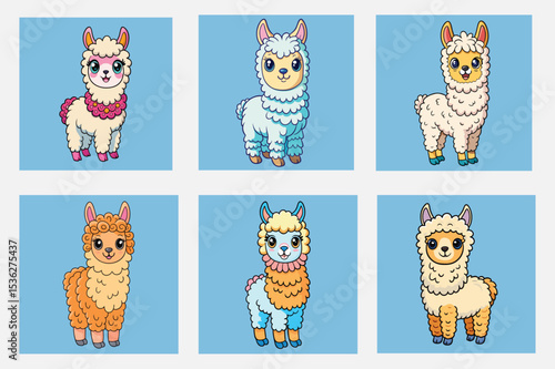 Collection of cartoon llamas on a light blue background