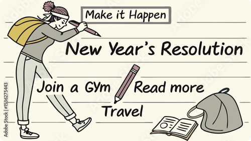 Illustration of a woman plans her new years resolutions which include joining a gym, reading more, and traveling