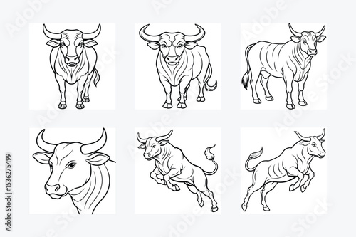 Collection of bull illustrations in black and white line art