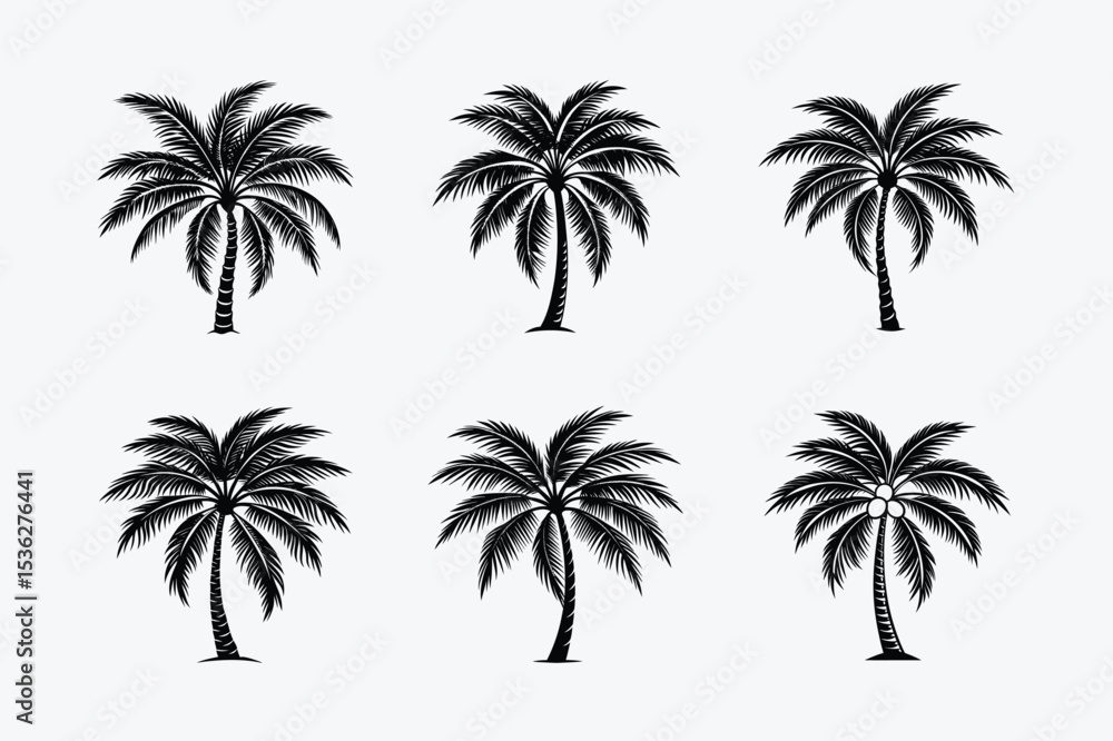 Six palm tree silhouettes arranged on a white background Six palm tree silhouettes arranged on a white background