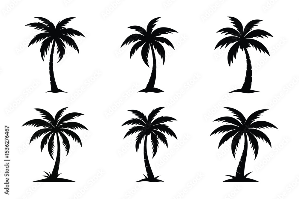 Fototapeta premium Silhouettes of six palm trees on a white background view