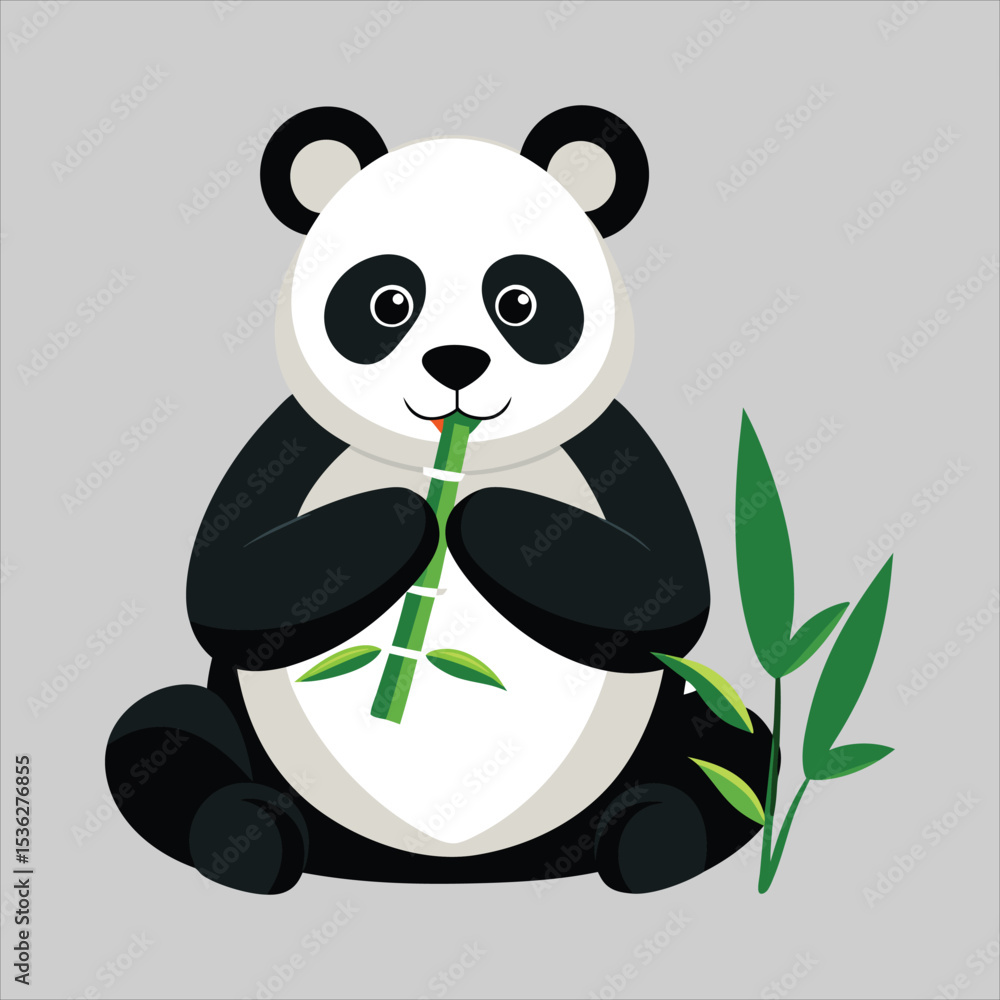 Fototapeta premium Cartoon panda bear eating bamboo shoot on gray background