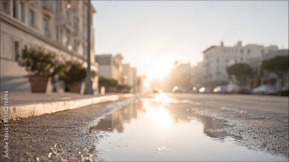 Fototapeta premium serene urban morning scene where suns rays pierce through gentle haze illuminating streets
