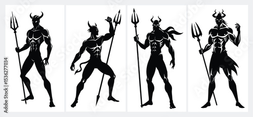 Silhouettes of horned demons holding tridents in black