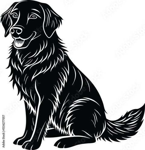 A black and white illustration of a sitting golden retriever