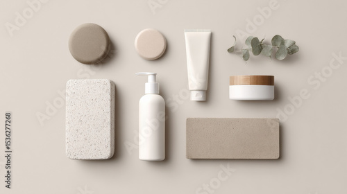 Wallpaper Mural Minimalist clean cosmetic layout featuring neutral color packaging, showcasing various skincare products arranged aesthetically with natural elements. serene composition evokes sense of calm Torontodigital.ca