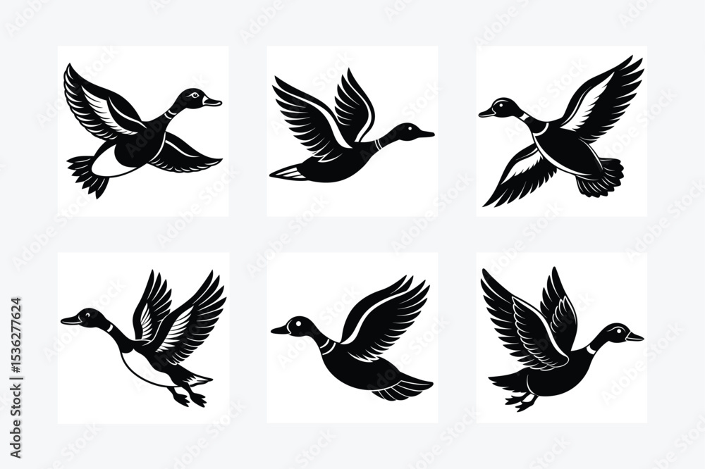 Obraz premium Six black and white duck illustrations in flight pattern