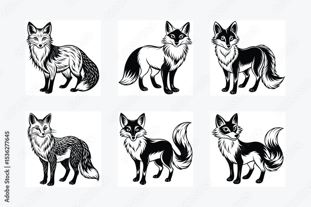 Fototapeta premium Six fox illustrations in black and white on a white background