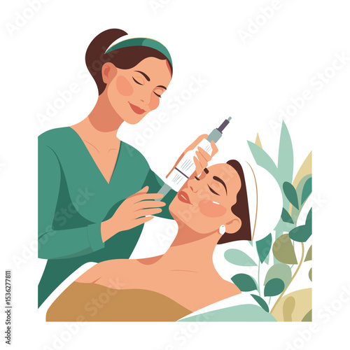 Illustration of a professional skincare session where a beautician performs treatment in a serene spa setting. Vibrant green foliage enhances the tranquility, promoting a soothing and rejuvenating env