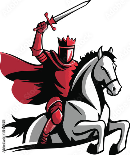 Red knight riding white horse wielding sword illustration