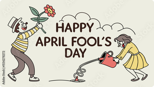 Illustration of happy april fools day illustration featuring a man giving a flower and a woman pouring water