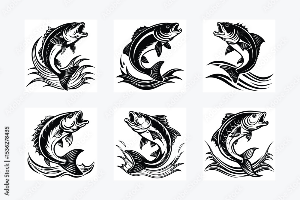 Obraz premium Six black and white jumping fish vector illustrations