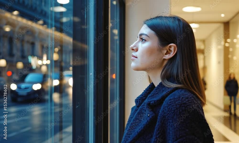 Young woman gazing thoughtfully out of a shop window in a bustling urban setting at dusk Young woman gazing thoughtfully out of a shop window in a bustling urban setting at dusk