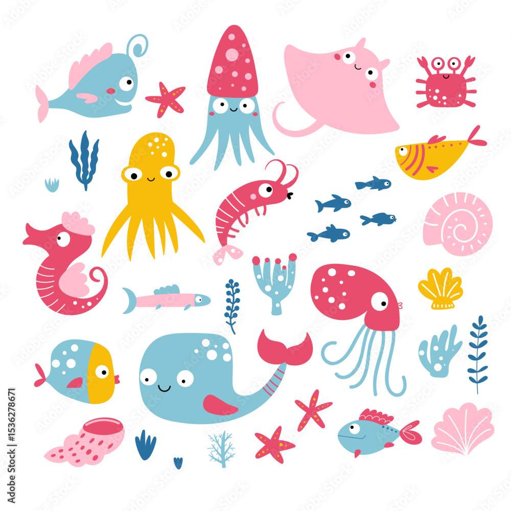 Fototapeta premium Fish and sea animals set