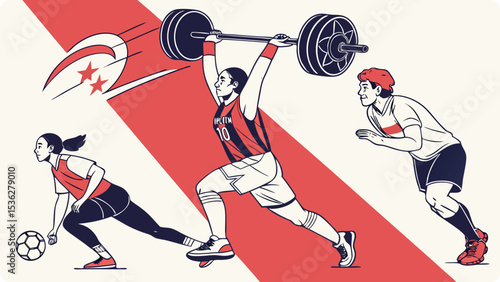 Illustration of three female athletes compete in weightlifting, one lifting a barbell, another running with a soccer ball, and a third observing