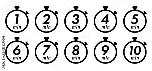残り時間を表示するタイマー/ストップウォッチ/時計のアイコンイラストデザインセット(timer clock stopwatch 1min 2min 3min 4min 5min 6min 7min 8min 9min 10min 15min 20min 25min 30min 残り時間 シンプル アイコンイラスト ベクター 編集可能)