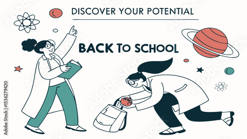 Illustration of two girls in lab coats prepare for back to school, discovering their potential