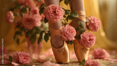 Ballerina shoes with fresh pink roses growing from toes, dance and nature, golden yellow backdrop