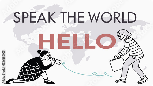 Illustration of two women communicate across the world using a tin can telephone