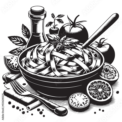 Black Fettuccine Alfredo Silhouette Vector, High Quality Illustration on White Background