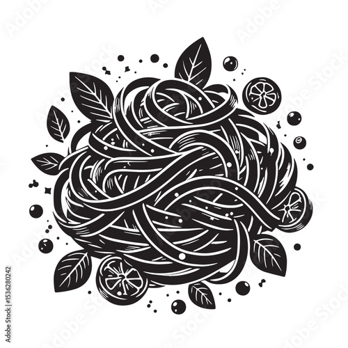 Black Fettuccine Alfredo Silhouette Vector, High Quality Illustration on White Background