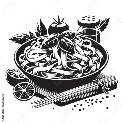 Black Fettuccine Alfredo Silhouette Vector, High Quality Illustration on White Background