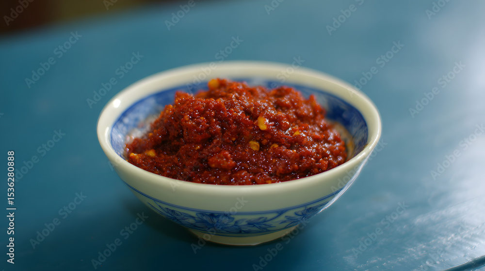 Spicy Nam Prik Pao Chili Paste in a Beautiful Bowl on a Rustic Blue Table Surface Spicy Nam Prik Pao Chili Paste in a Beautiful Bowl on a Rustic Blue Table Surface