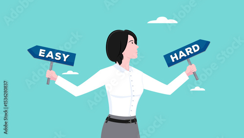 hard or easy path to career success or business growth, businesswoman carrying a sign choosing the direction of the easy or hard route