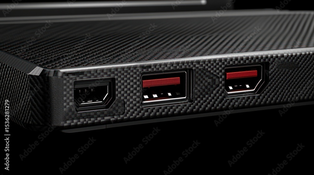 Fototapeta premium Close-up of a black laptop's ports