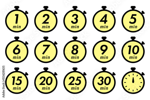 残り時間を表示するタイマー/ストップウォッチ/時計のアイコンイラストデザインセット(timer clock stopwatch 1min 2min 3min 4min 5min 6min 7min 8min 9min 10min 15min 20min 25min 30min 残り時間 シンプル アイコンイラスト ベクター 編集可能)