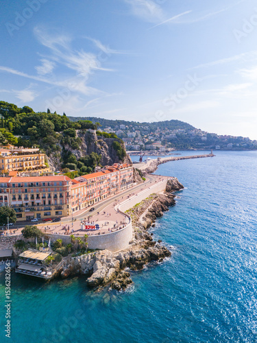 Quadro su tela Aerial view of sea, shore and city of Nice, France shot with a drone