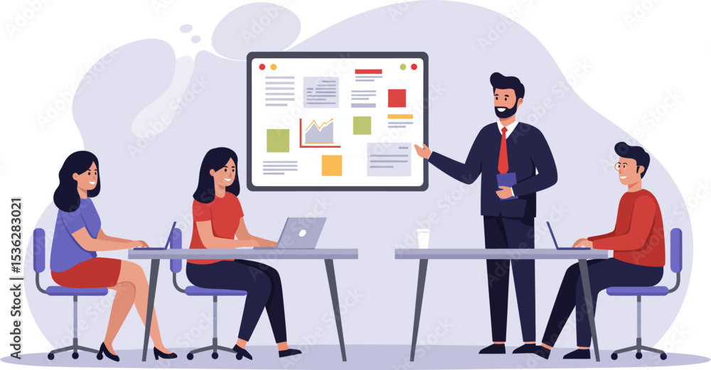 Cartoon vector illustration of business people working on laptops in a modern office Cartoon vector illustration of business people working on laptops in a modern office