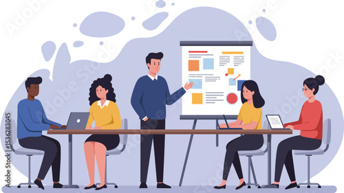 Cartoon vector illustration of business people working and meeting in a cafe or office room with computers on tables and deskst`2cfuyerswwUTRYRY
