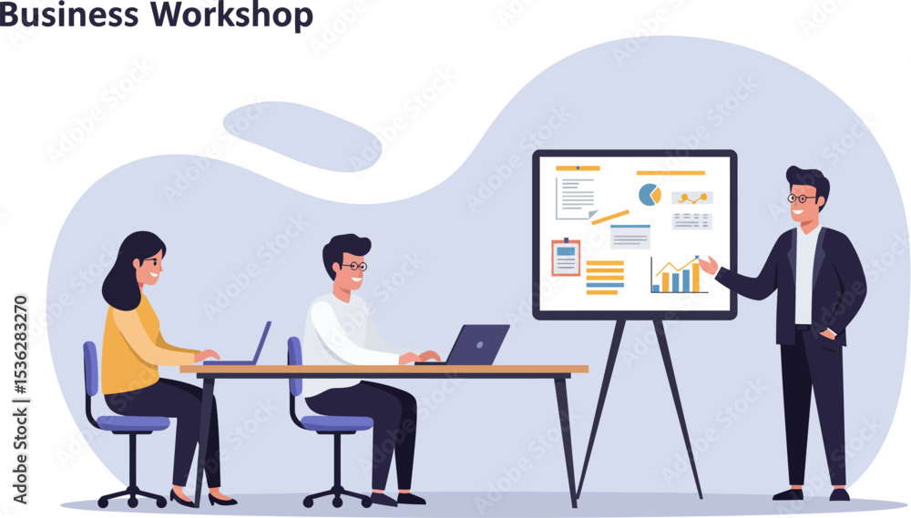 Fototapeta premium Business people are working together at a desk in an office, using laptops and communicating during a meeting