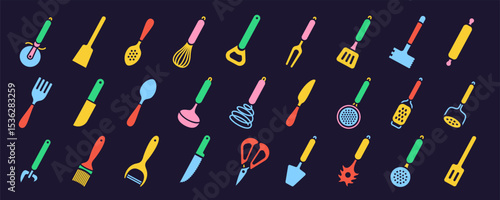 Kitchenware icon set. Color vector kitchen utensils, tools and cutlery. Whisk, slotted spoon, scissors, ladle and spatula. Sieve, knife, spoon, fork, peeler and opener