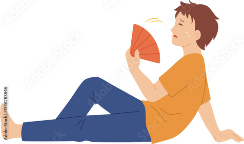 Man Cooling Off with Hand Fan


