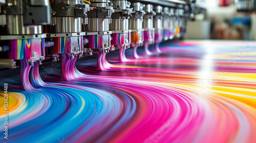 A cutting-edge high-tech printer actively producing vibrant, colorful textile patterns on fabric. This scene highlights innovation and precision in digital textile printing technology, blending creati