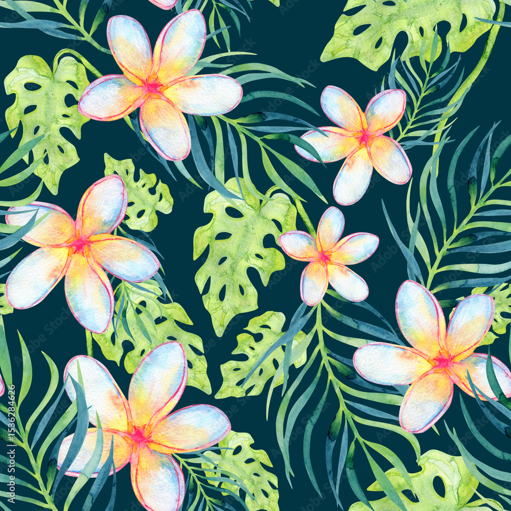 Obraz premium Watercolor plumeria flowers seamless pattern on deep blue background