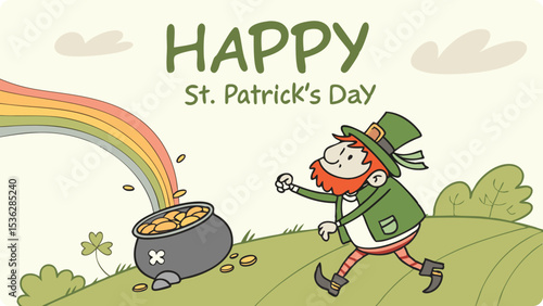 Illustration of a happy leprechaun walks toward a pot of gold at the end of a rainbow on st patricks day