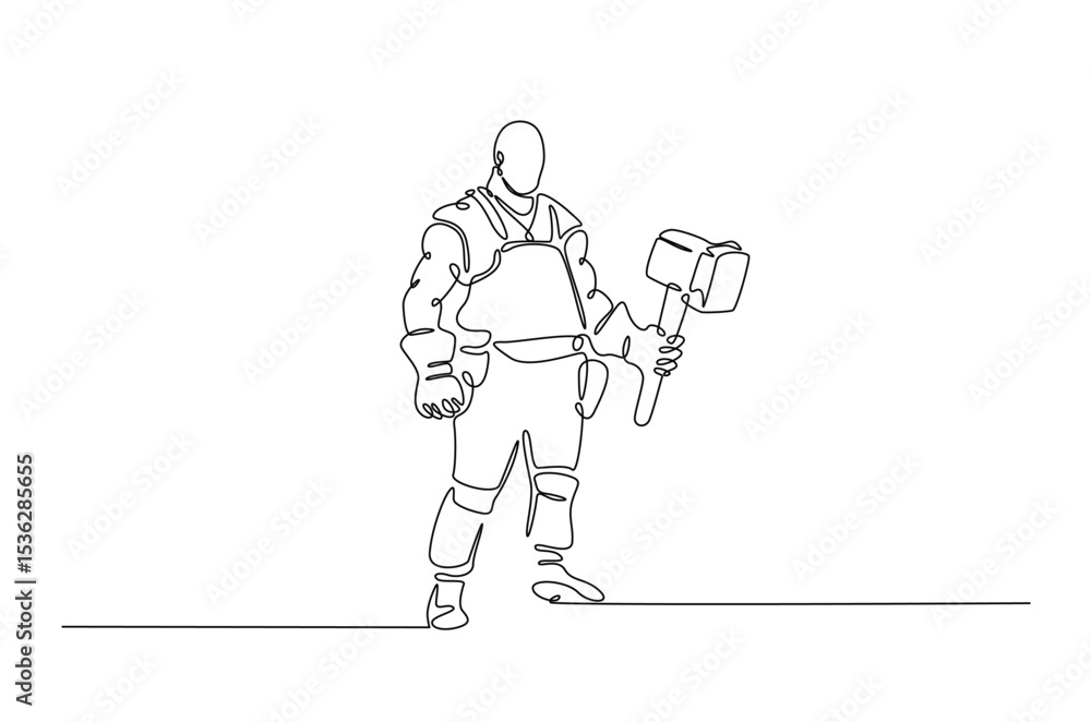 Fototapeta premium Blacksmith holds hammer in continuous one line drawing. Single line art illustration of blacksmtih working. Editable vector.