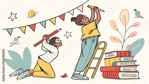 Illustration of two children decorate for a party with pencils and books