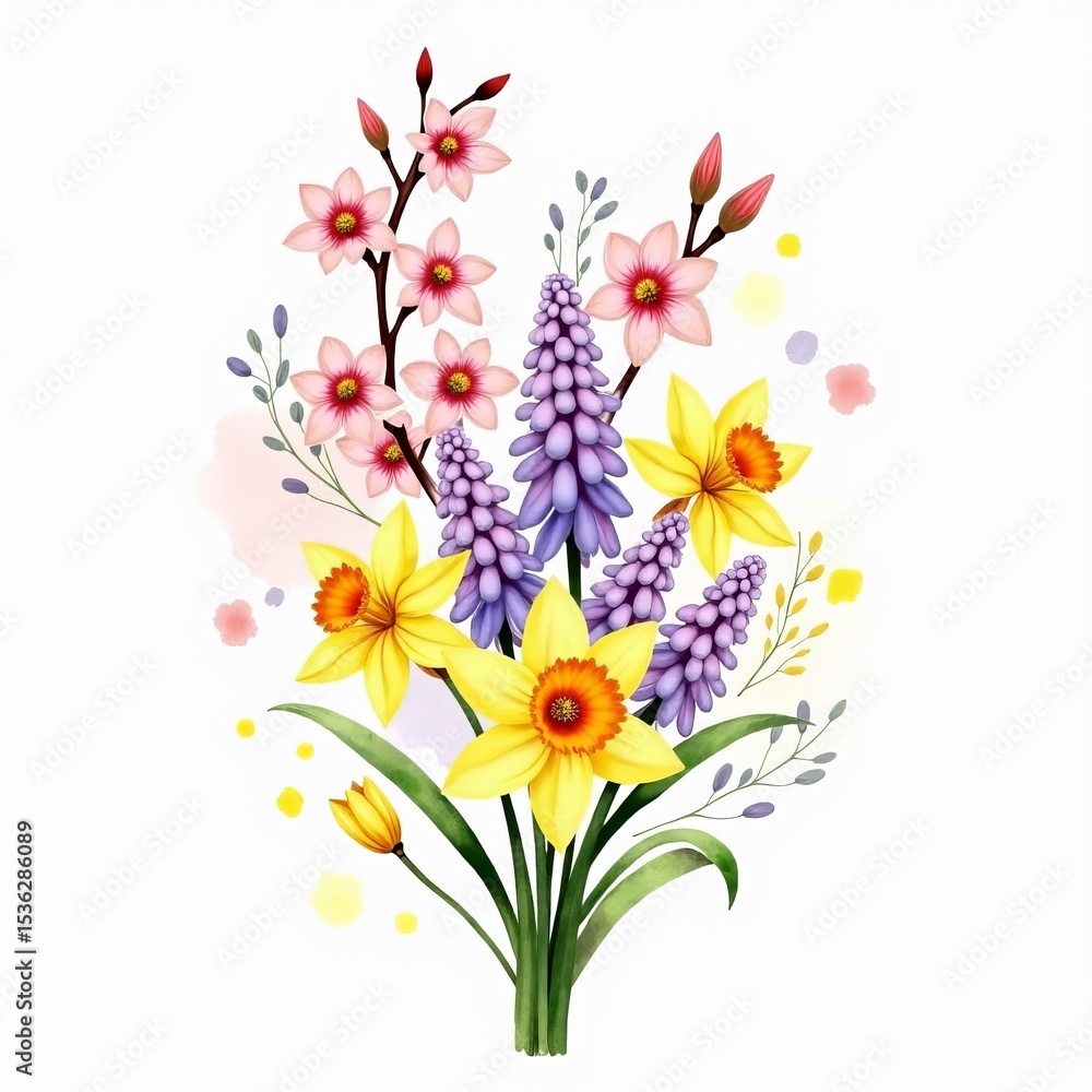 Obraz premium Vibrant Spring Bouquet Watercolor Daffodils Hyacinths and Pink Cherry Blossoms with Soft Splatter