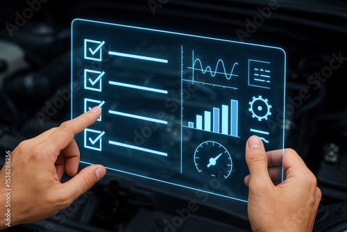 Hands Interacting with Holographic Vehicle Diagnostic Interface, Smart Car Repair, Performance Analysis & Maintenance Checklist
