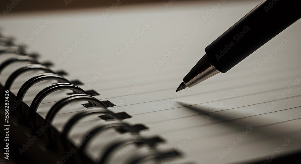 Fototapeta premium Close Up of Black Pen Poised Above Gray Lined Notebook
