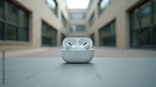 AirPods Case in Modern Urban Plaza
