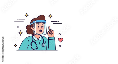 Vector Character of Frontline nurse with face shield and stethoscope – Medical Hero Nurse Doctor Vaccination Illustration, 
Flat Style Medical Worker Administering Vaccine Scene