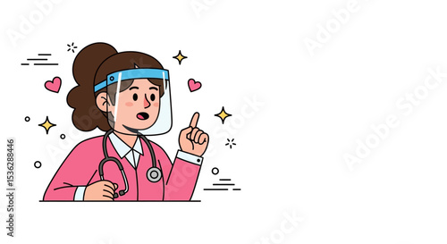 Vector Character of Frontline nurse with face shield and stethoscope – Medical Hero Nurse Doctor Vaccination Illustration, 
Flat Style Medical Worker Administering Vaccine Scene