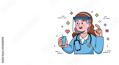 Vector Character of Frontline nurse with face shield and stethoscope – Medical Hero Nurse Doctor Vaccination Illustration, 
Flat Style Medical Worker Administering Vaccine Scene