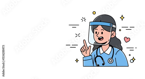 Vector Character of Frontline nurse with face shield and stethoscope – Medical Hero Nurse Doctor Vaccination Illustration, 
Flat Style Medical Worker Administering Vaccine Scene