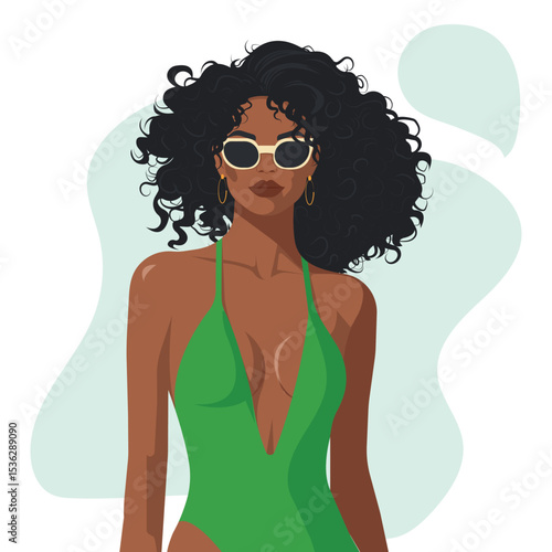 Stylish afro woman with curly hair in green swimsuit and sunglasses. Summer vacation and beach fashion concept. Modern female vector portrait illustration for travel, beauty and lifestyle.